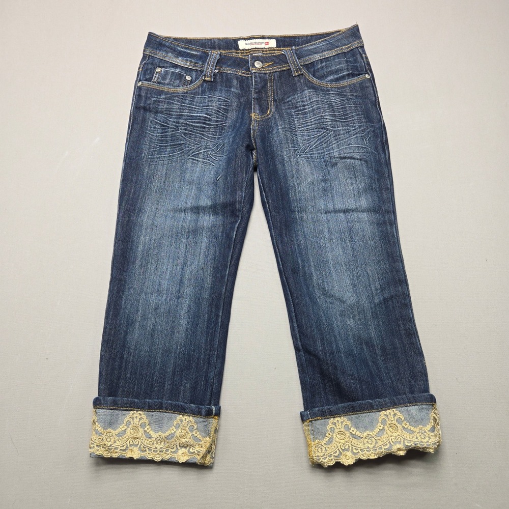 Obiettivo Industry Jeans Capris Lace Trim Y2K Whiskered Blue Women Size 14